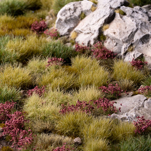 Lifelike diorama featuring Dark Purple Flowers - Wild tufts, showcasing a sophisticated blooming landscape with varied textures, including heathland, lavender fields, and elegant garden flowerbeds