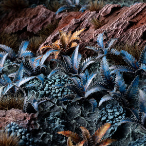 Otherworldly diorama featuring Laser Plants Alien Fern, displaying an exotic alien landscape with  potentially toxic blue vegetation