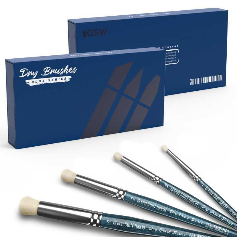 Dry brushes with blue packaging on a white background