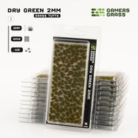 Gamers Grass Dry Green 2mm Tufts packaging, featuring meadow imagery and product details
