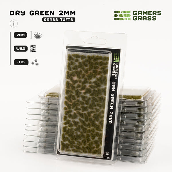 Gamers Grass Dry Green 2mm Tufts packaging, featuring meadow imagery and product details