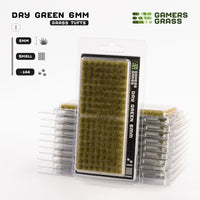 Gamers Grass Dry Green 6mm - Small Tufts packaging, displaying product details and realistic grass imagery
