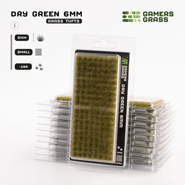 Gamers Grass Dry Green 6mm - Small Tufts packaging, displaying product details and realistic grass imagery