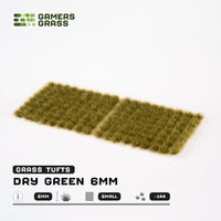 Sheet of approximately 144 Dry Green 6mm Small Tufts, showcasing various shapes and sizes of realistic grass tufts
