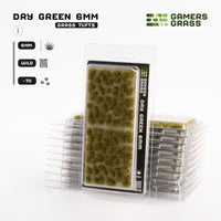 Gamers Grass Dry Green 6mm - Wild Tufts packaging, displaying product details and realistic grass imagery
