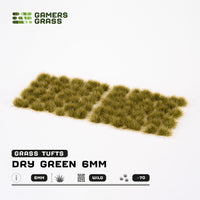 Sheet of approximately 70 Dry Green 6mm Wild Tufts, showcasing various shapes and sizes of realistic grass tufts
