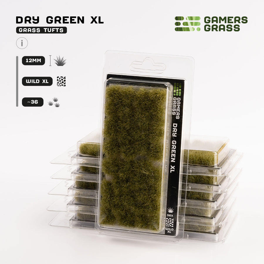 Gamers Grass Dry Green XL 12mm - Wild XL Tufts packaging, featuring diverse prairie and woodland undergrowth imagery