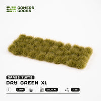 Sheet of 36 Dry Green XL 12mm - Wild XL Tufts, displaying various shapes of tall, multi-toned green grass tufts ready for diverse terrain applications
