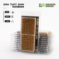 Gamers Grass Dry Tuft 6mm - Small Tufts packaging, showcasing product details and arid landscape imagery
