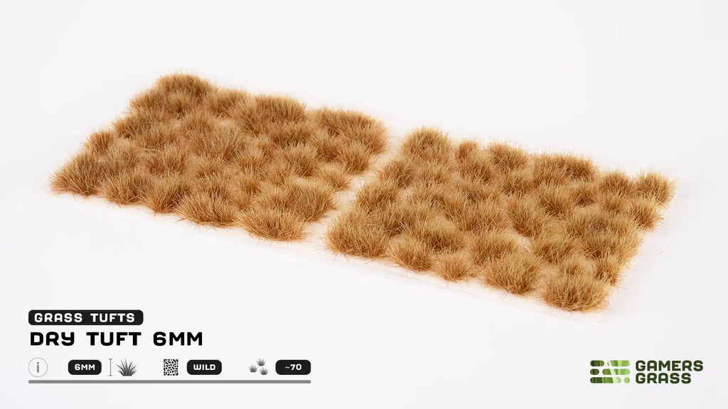 Dry Tuft 6mm Wild tuft sheet: irregular clumps of tan straw-coloured fibres in mixed sizes, on two pale half-sheets