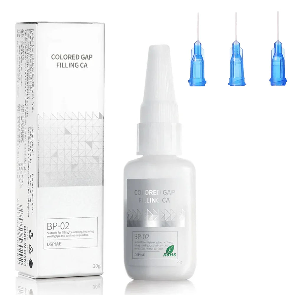 DSPIAE BP-02 white gap filling CA with its box and three blue-hubbed needle-tip applicators