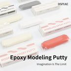 DSPIAE Modeling Epoxy Putty range laid out: skin, white and grey bars with their boxes