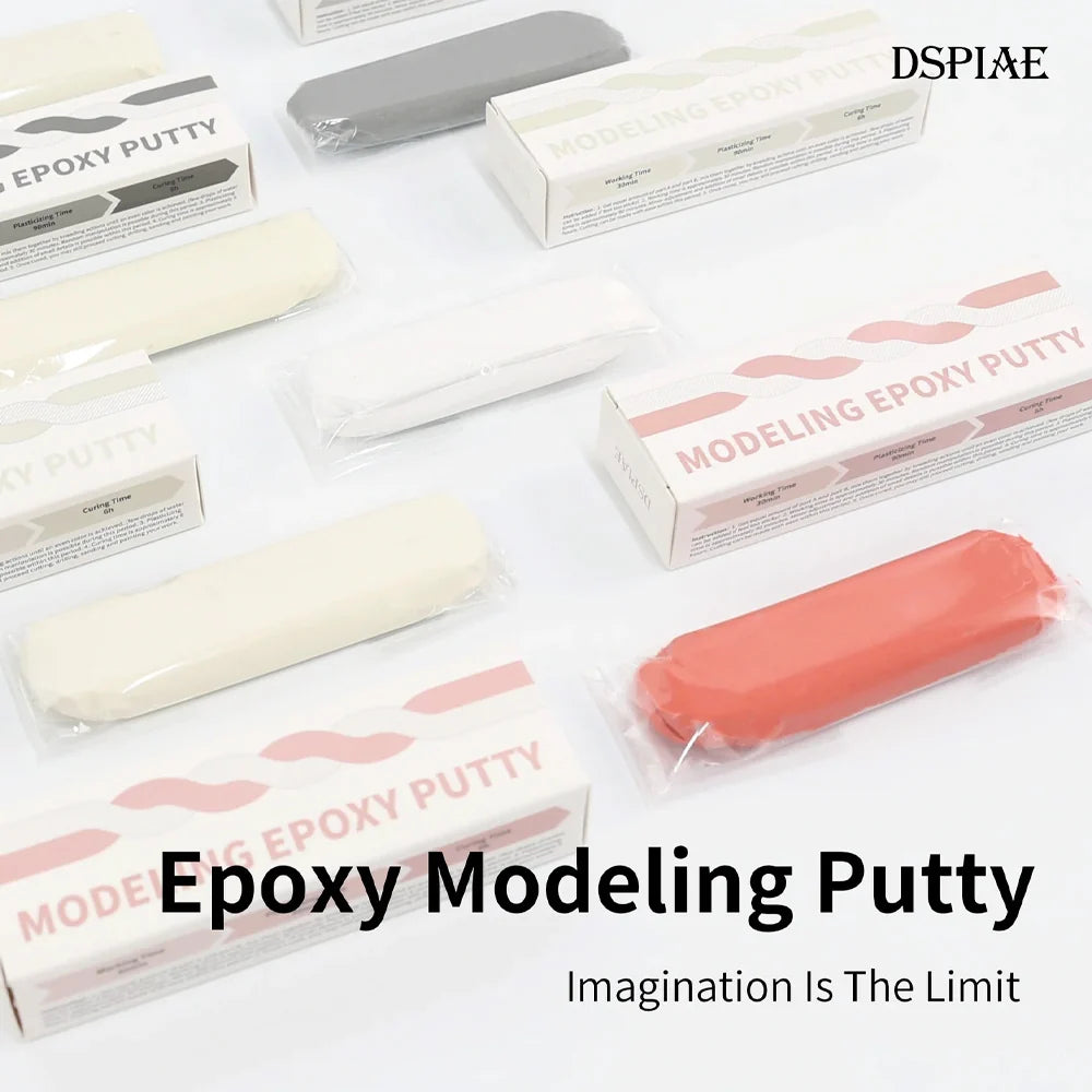 DSPIAE Modeling Epoxy Putty range laid out: skin, white and grey bars with their boxes