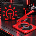 DSPIAE AT-AC angle cutting jig with its wavy red handle raised, in front of the black Angle Cutting Jig box