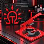 DSPIAE AT-AC angle cutting jig with its wavy red handle raised, in front of the black Angle Cutting Jig box