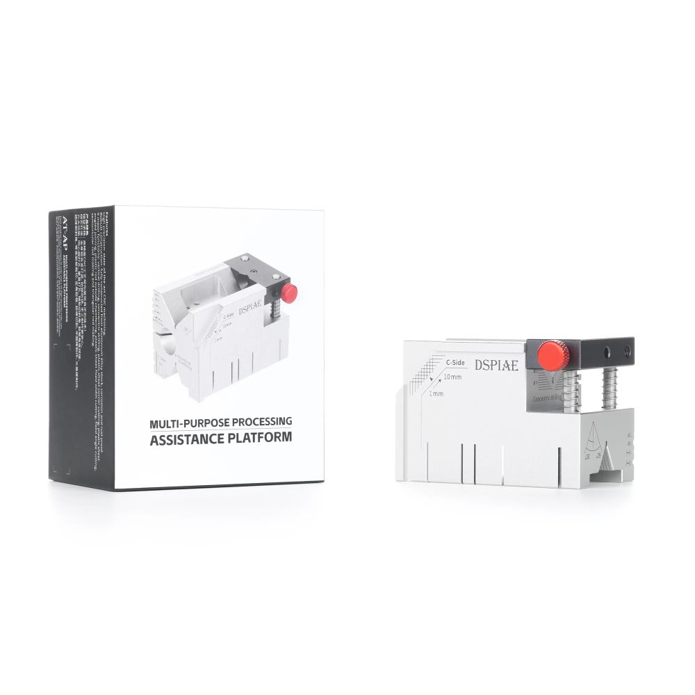 DSPIAE AT-AP white box beside the silver aluminium processing cube with its red knob