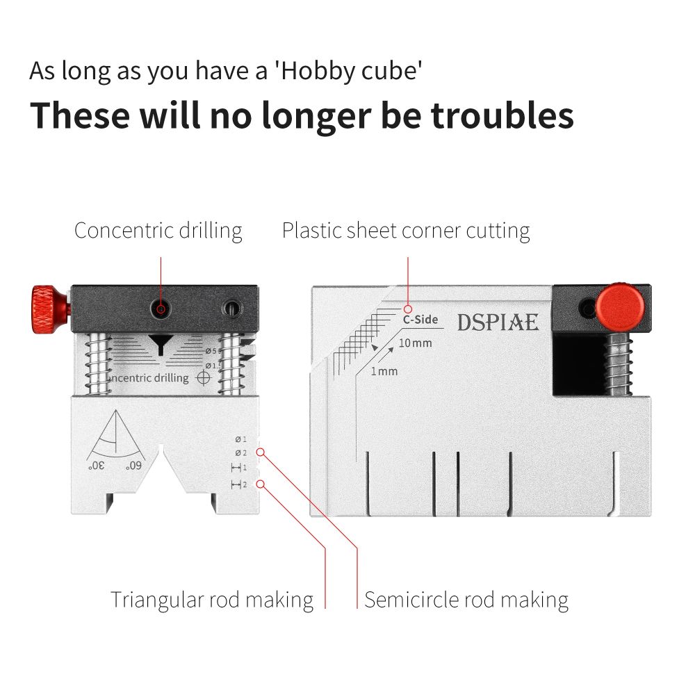 DSPIAE Hobby Cube panel: concentric drilling, plastic sheet corner cutting, triangular and half-round rod making