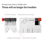 DSPIAE Hobby Cube panel: concentric drilling, plastic sheet corner cutting, triangular and half-round rod making