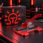 DSPIAE AT-CJ angle cutting station on a dark bench in front of its black Angle Cutting Station box