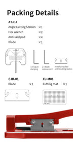 DSPIAE packing details: station, two hex wrenches, four anti-skid pads, fitted blade; spare blade and mat apart
