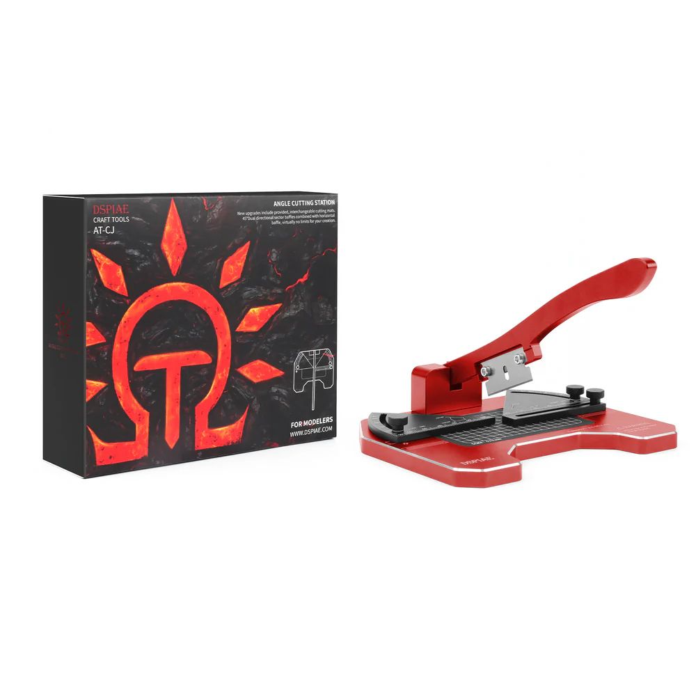 DSPIAE AT-CJ box and the red cutting station with its blade arm raised, on white