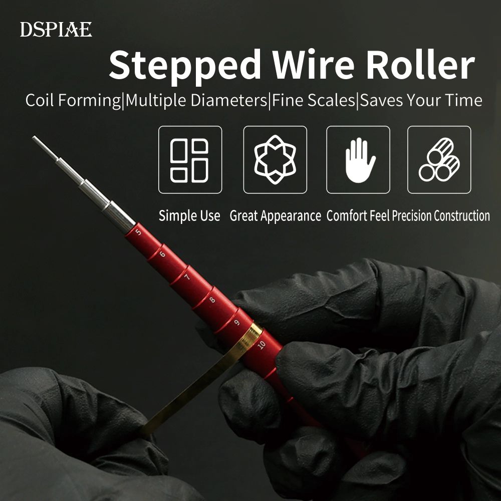 DSPIAE Stepped Wire Roller panel: a brass strip curved round the red roller in a gloved hand
