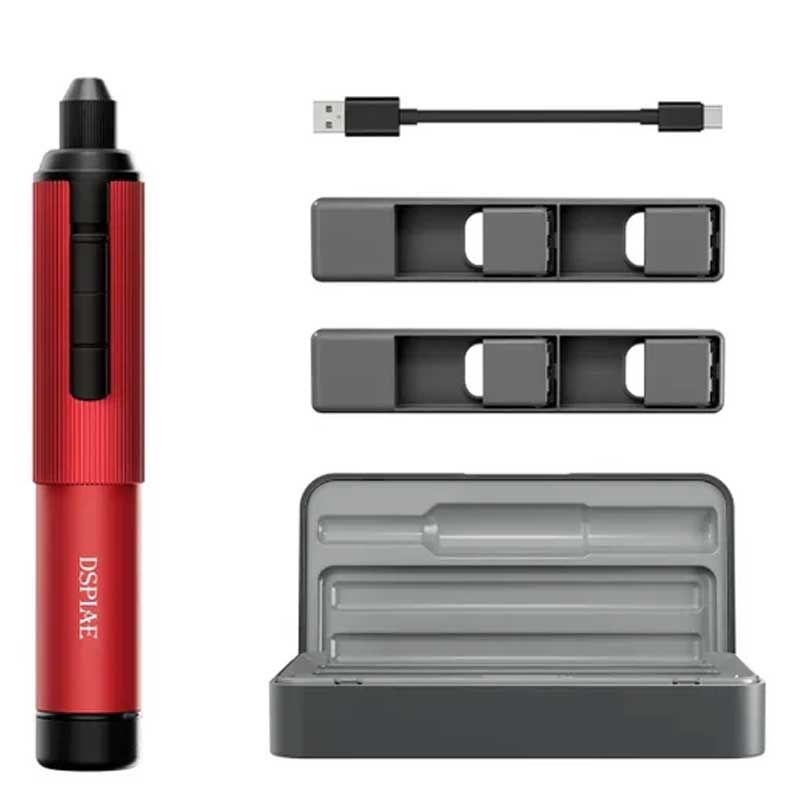 DSPIAE contents of the AT-ED01: red Orbit drill, USB charging cable, two bit racks and a grey storage case