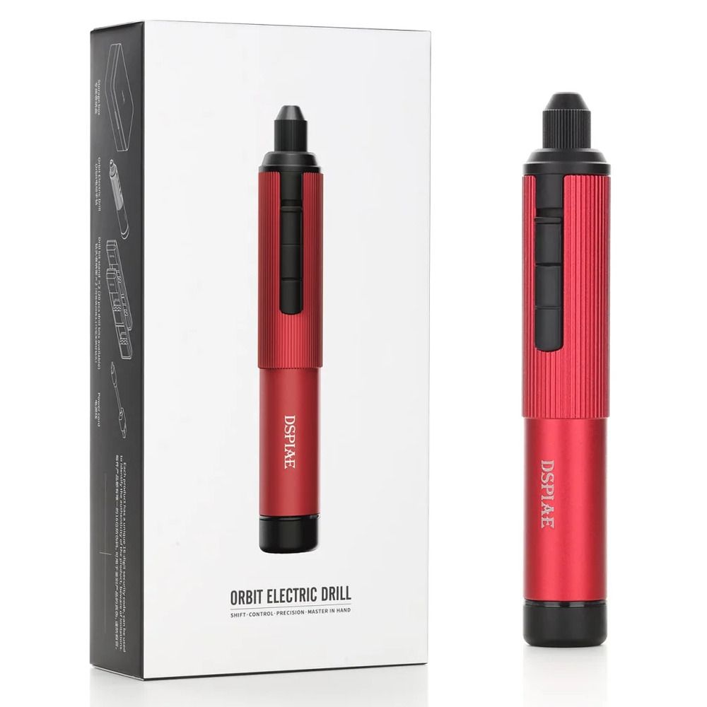 DSPIAE Orbit AT-ED01 red electric drill standing next to its white retail box on a white background
