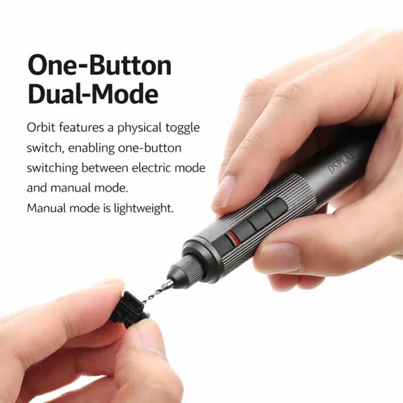 DSPIAE One-Button Dual-Mode panel: drilling a small part with the Orbit; a toggle switch picks electric or manual