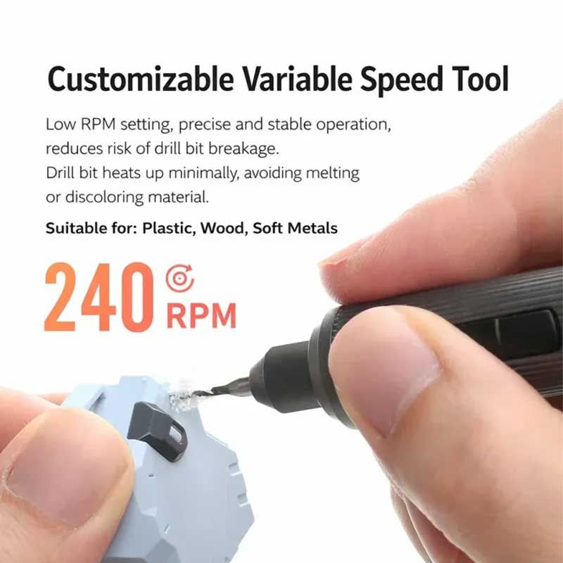 DSPIAE variable speed panel: the Orbit drilling a grey plastic part at 240 rpm, for plastic, wood and soft metals