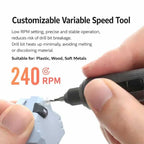 DSPIAE variable speed panel: the Orbit drilling a grey plastic part at 240 rpm, for plastic, wood and soft metals