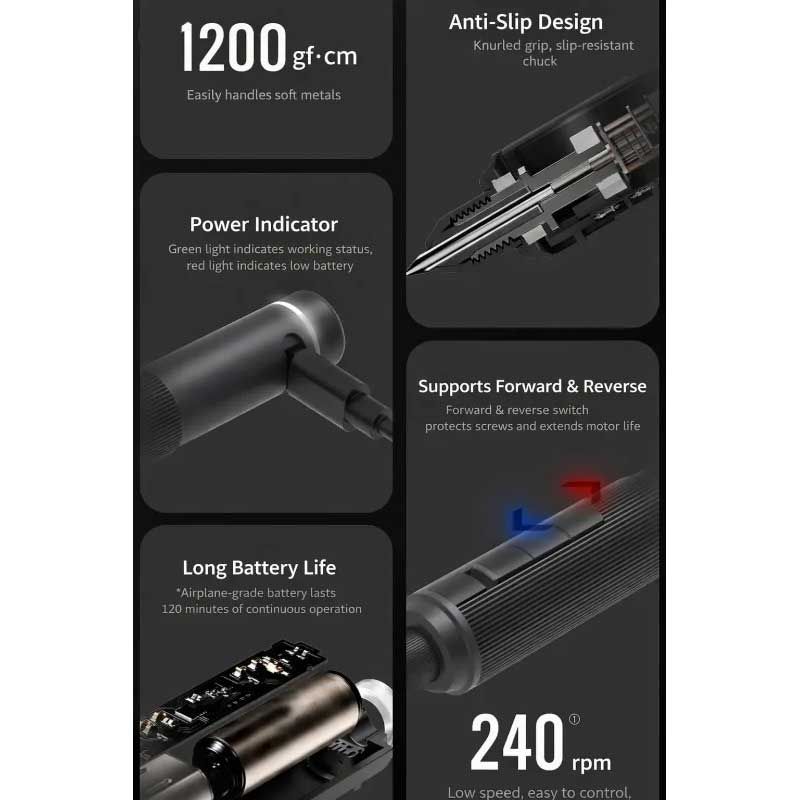 DSPIAE feature tiles: 1200 gf·cm, knurled chuck, power light, forward and reverse, 120 min battery, 240 rpm