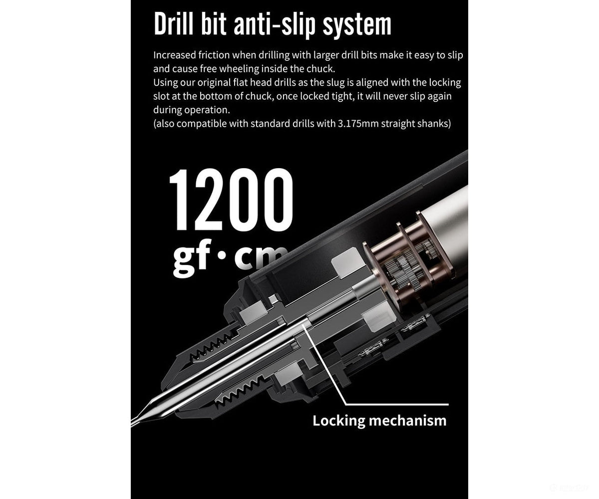 DSPIAE anti-slip panel: DSPIAE flat-shank bits lock into the chuck slot; standard 3.175 mm straight shanks fit too
