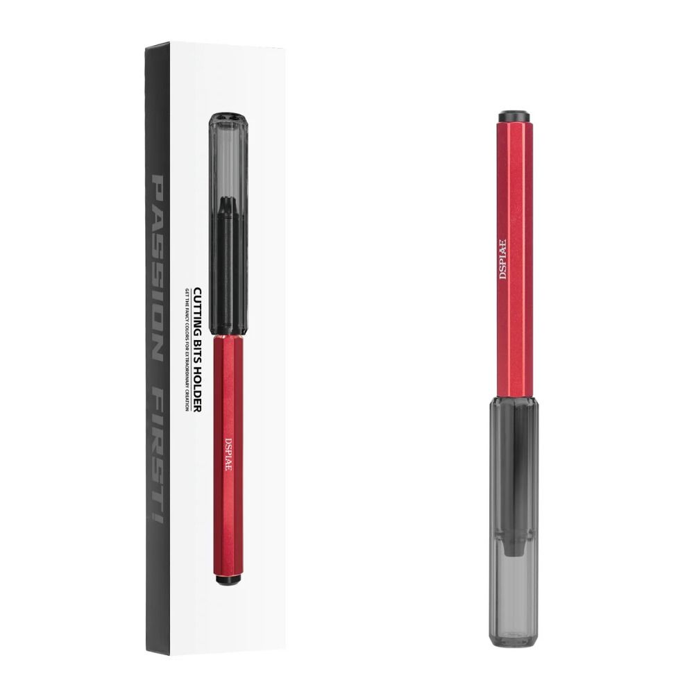DSPIAE AT-EH01-PRO box printed Cutting Bits Holder and the red holder with its smoky clear cap, on white