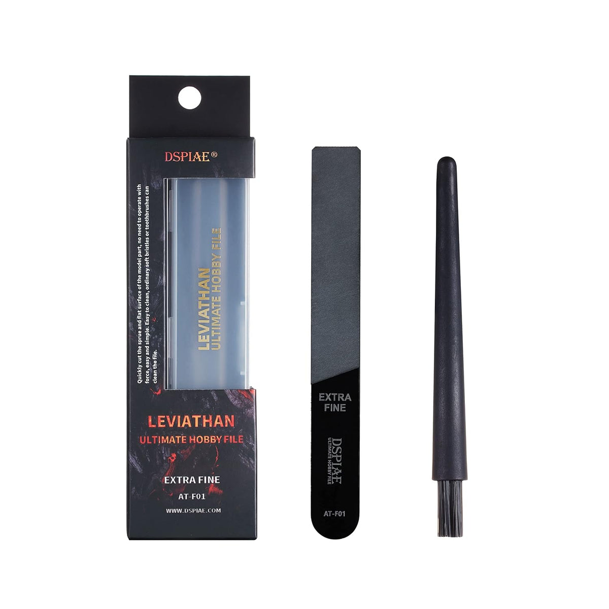 DSPIAE Leviathan AT-F01 box, black Extra Fine ceramic file and a small brush on white