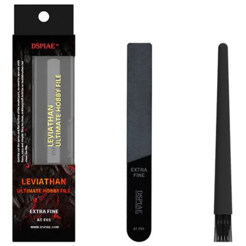 DSPIAE Leviathan AT-F01 box beside the black file and a small brush, smaller view