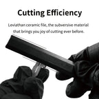 DSPIAE Cutting Efficiency panel: gloved hands filing a grey part with the Leviathan file