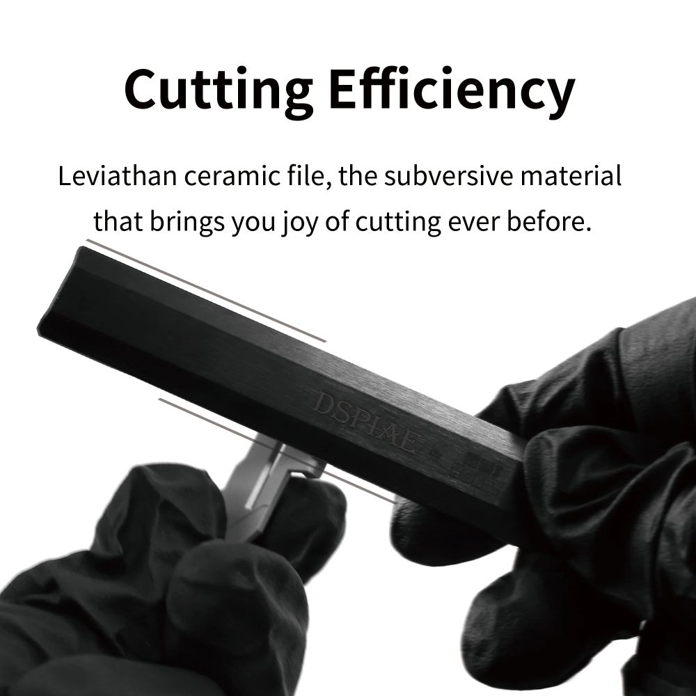 DSPIAE Cutting Efficiency panel: gloved hands filing a grey part with the Leviathan file