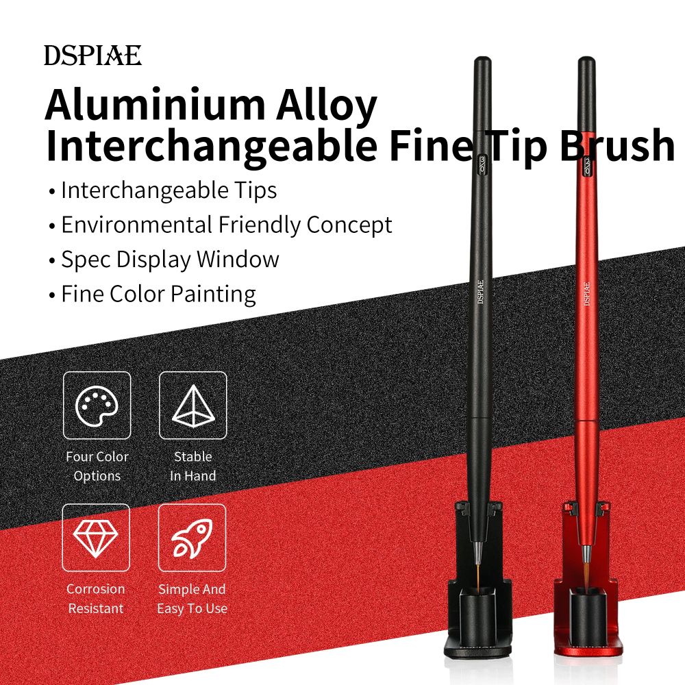 DSPIAE panel: black and red AT-FB interchangeable fine tip brushes standing in their brush stands