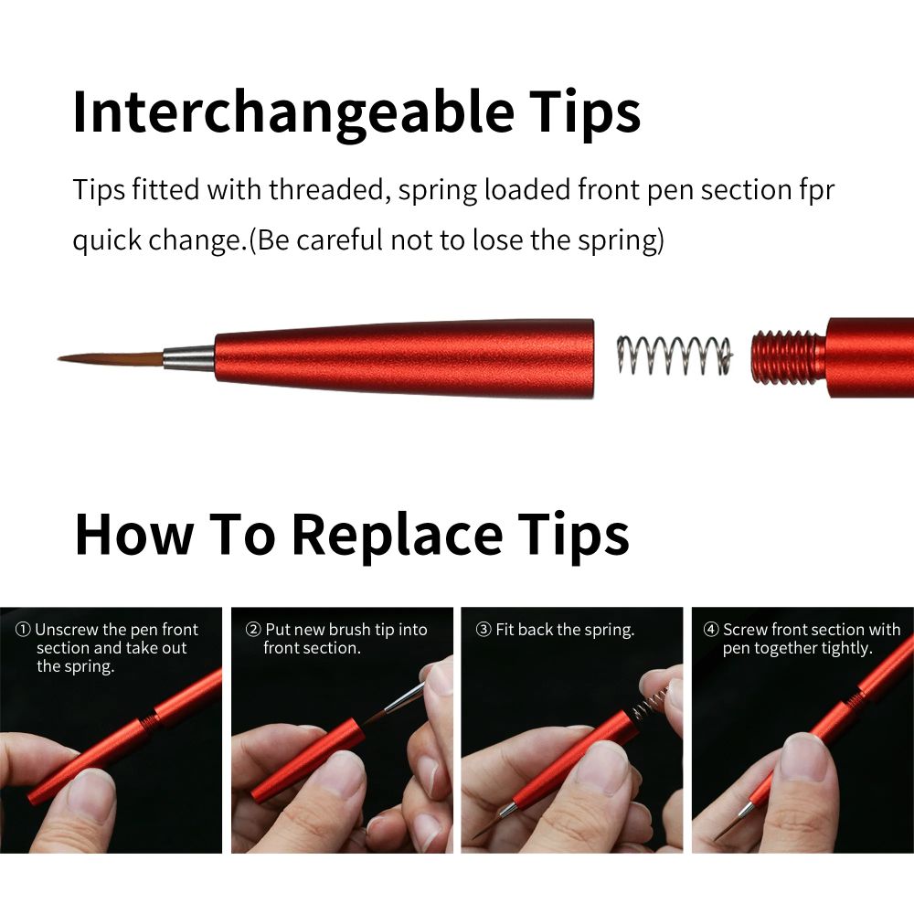 DSPIAE panel: threaded, spring-loaded front section and the four steps to change a tip