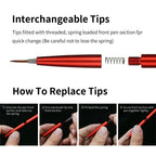 DSPIAE panel: threaded, spring-loaded front section and the four steps to change a tip