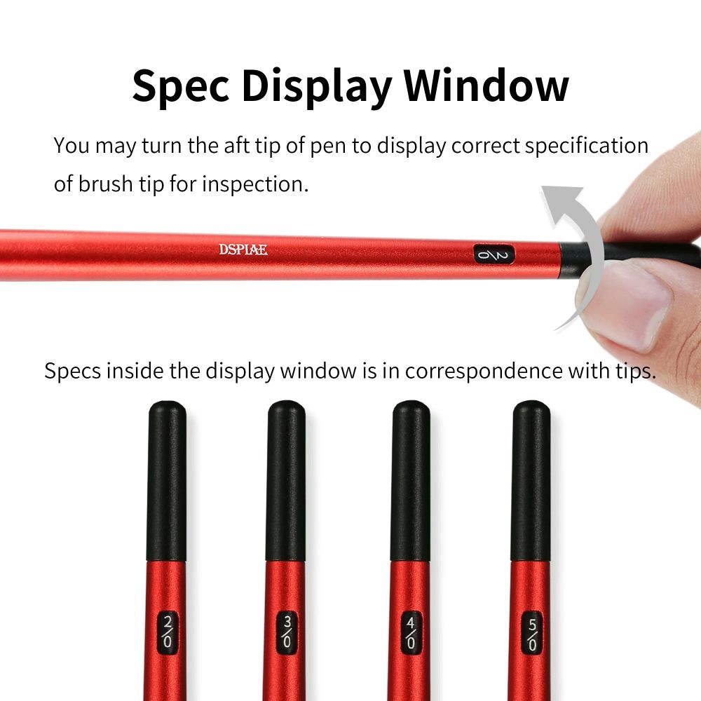 DSPIAE Spec Display Window panel: turn the end of the brush to show the tip size, 2/0 to 5/0