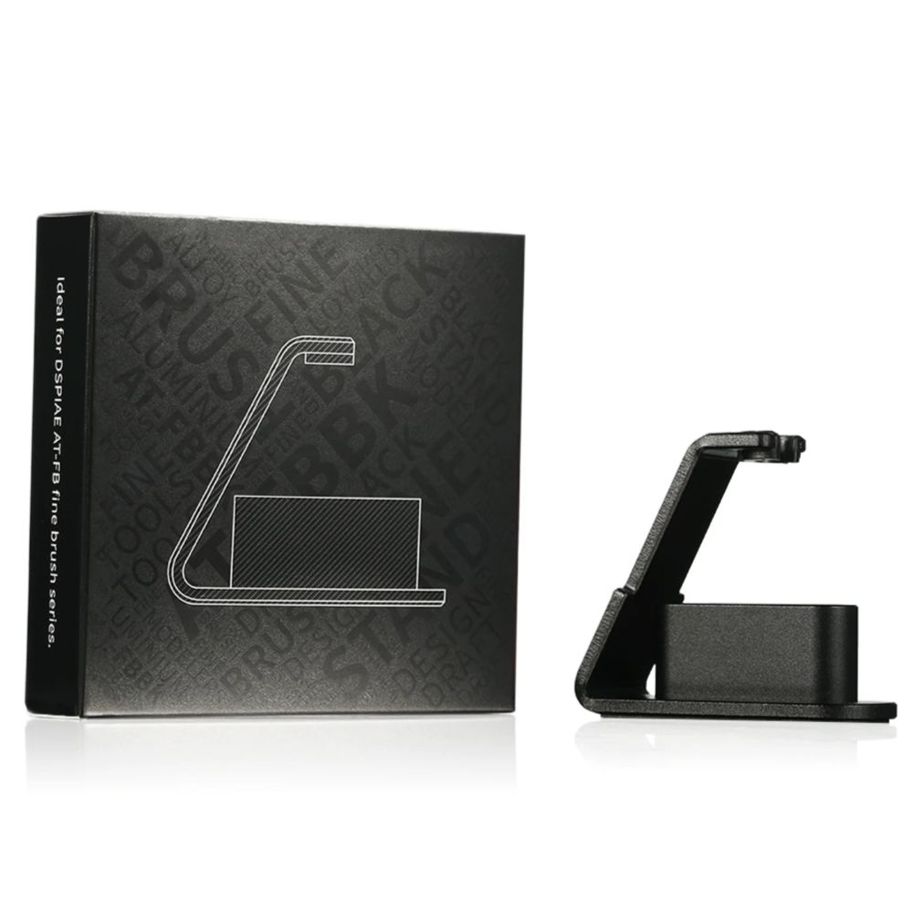 DSPIAE AT-FBBK box and the black folded brush stand with its tip well, on white