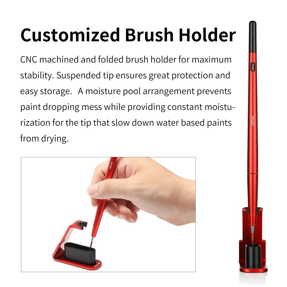 DSPIAE Customized Brush Holder panel: folded stand with a moisture pool under the tip, shown in red