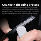 DSPIAE CNC teeth panel: a file cutting a grey putty block with an even tooth pattern