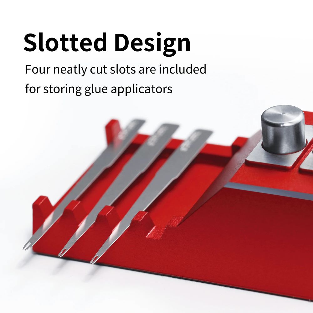 DSPIAE Slotted Design panel: four slots holding steel glue applicators beside a glue column