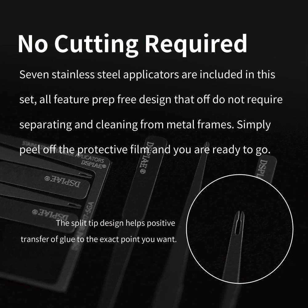 DSPIAE No Cutting Required panel: seven stainless steel applicators with a split tip that holds the glue