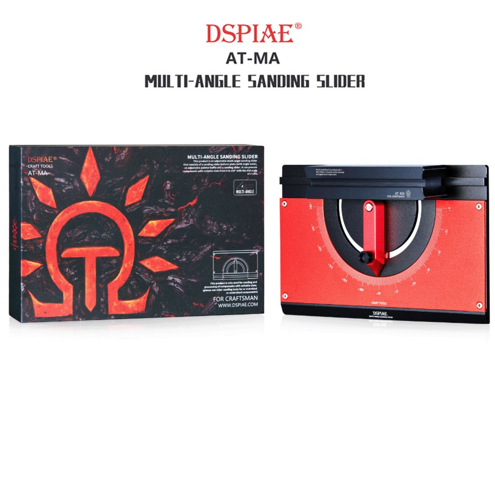 DSPIAE AT-MA Multi-Angle Sanding Slider box beside the red plate with its angle scale and pointer
