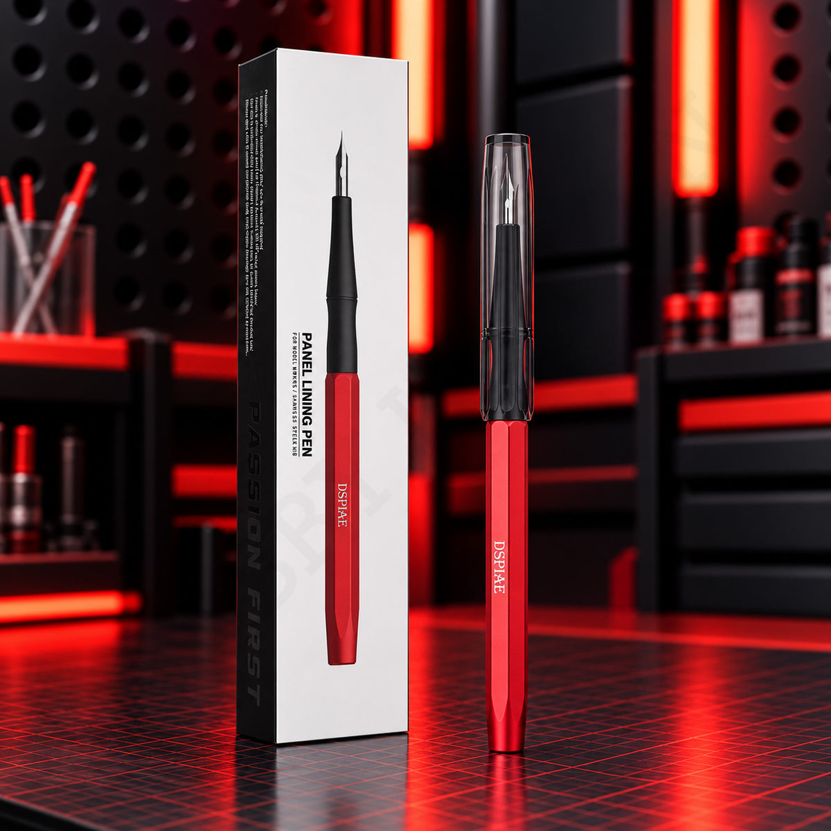DSPIAE AT-PL PRO panel lining pen, red aluminium barrel with a clear black cap, beside its white box on a red-lit desk