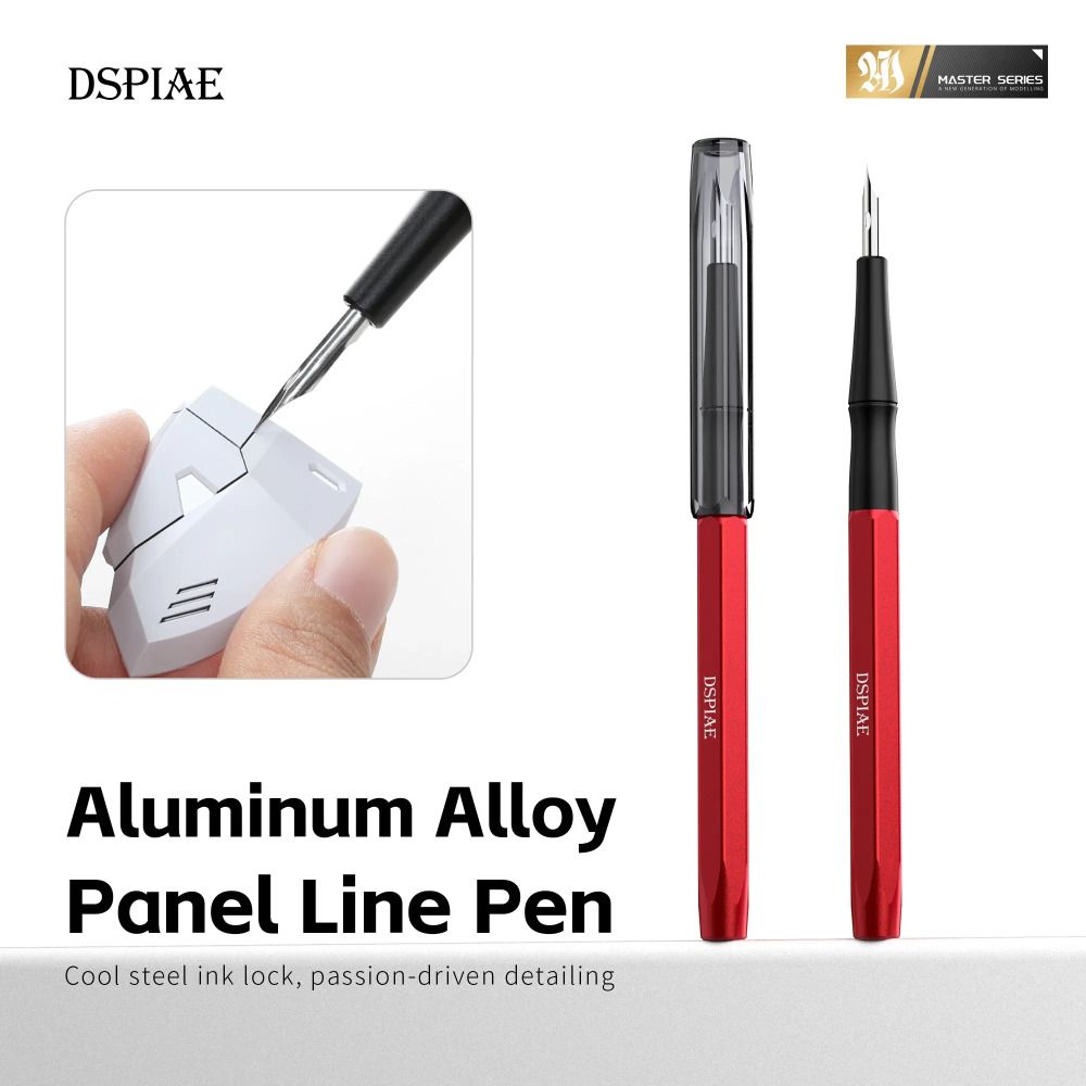 DSPIAE Aluminium Alloy Panel Line Pen title panel: the pen capped and uncapped, nib on a white model part